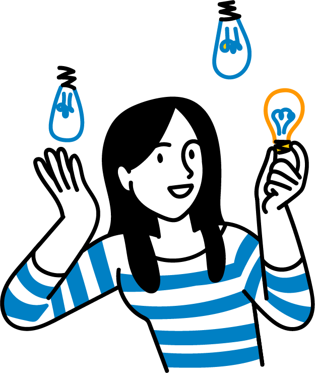 Illustration of a woman picking the right lightbulb for her idea.