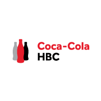 Coca-Cola HBC logo with a grey, black and red iconic glass coke bottle icon.