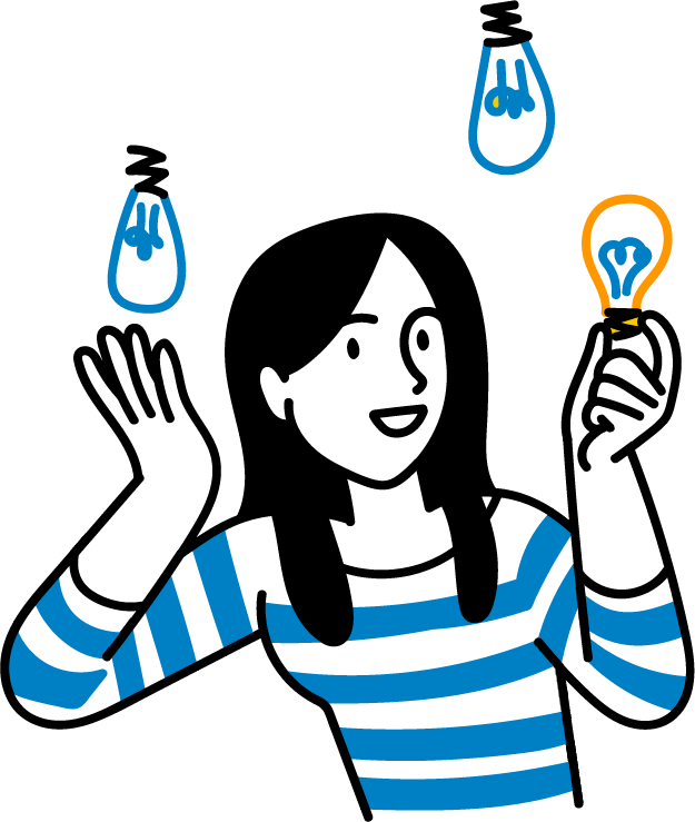 Illustration of a woman picking the right lightbulb for her idea.